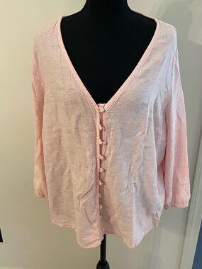 Laura Ashley Summer Blush Pink Linen Blend Button-Up Blouse Feminine Casual 1X